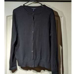 Lands' End Black Closet Staple Button Up Cotton Blend Cardigan Womens Sz L/P